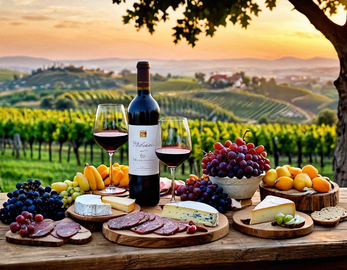 An elegant wine setting featuring a richly adorned wooden table with various wine bottles and elegant glasses. Include a spread of gourmet cheese, fruits, and charcuterie artfully arranged. In the background, incorporate a dreamy vineyard landscape bathed in golden sunset hues, symbolizing wine investment. The atmosphere should convey sophistication and warmth, inviting readers to explore the nuances of wine pairing and investment. vibrant colors. super-realistic.