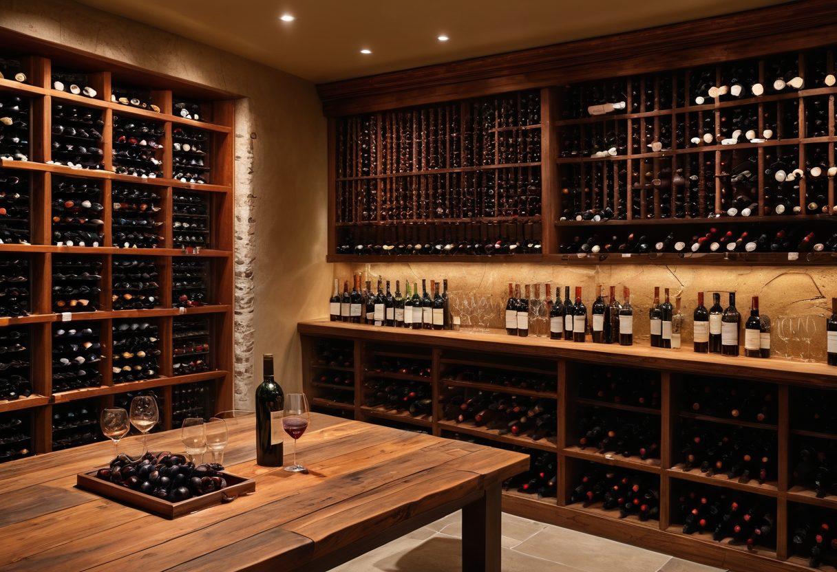 A sophisticated wine cellar featuring elegantly arranged shelves filled with various wine bottles, complemented by a rustic wooden tasting table set for a wine tasting. Soft ambient lighting accents the rich colors of the wines and wooden textures. In the foreground, a wine glass half-filled with a deep red wine glistens, hinting at the experience of uncorking secrets. super-realistic. warm tones. high detail.